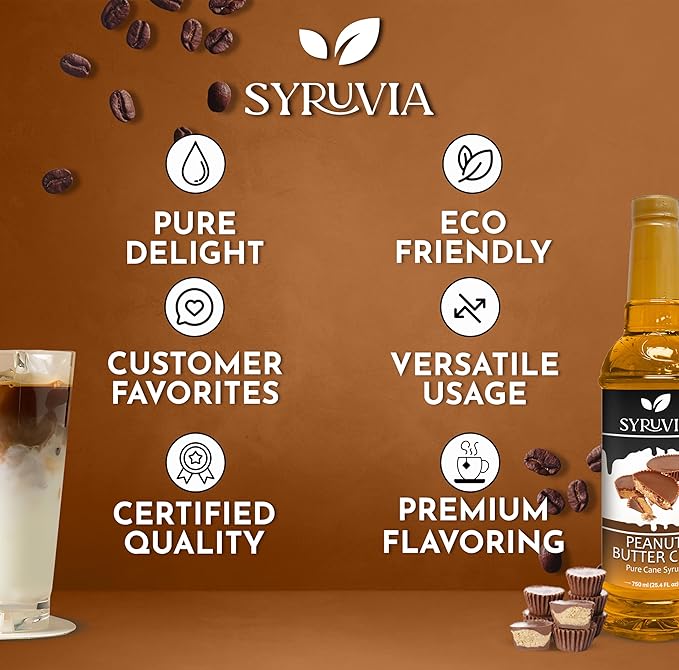 Syruvia Coffee Syrup, Peanut Butter Cup Flavored Syrup for Drinks, Lattes, and Desserts – 25.4 fl oz, With Pump