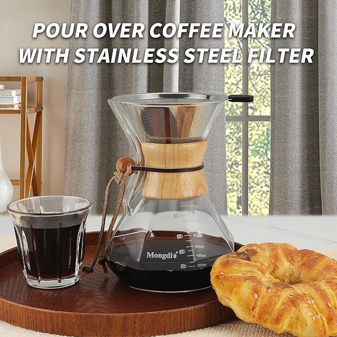 Mongdio 27 Oz Pour Over Coffee Maker with Stainless Steel Filter and Wooden Collar Holder, Borosilicate Glass Coffee Maker for Camping Home, 800ML/27OZ, Clear