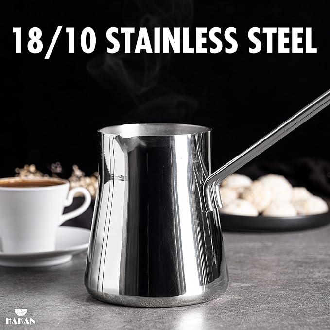 Hakan Topkapı Stainless Steel Turkish Coffee Pot, Greek Arabic Coffee Maker with Spout, Stove Top Coffee Maker in Box, Milk Warmer with Handle, Chai Pot Cezve, Ibrik, Briki (Large - 20.2 oz)