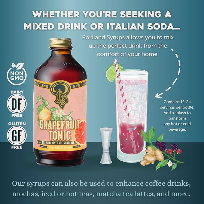 Portland Syrups Grapefruit Tonic Syrup - Craft Delicious Cocktails, Mocktails, Tea, Soda, Coffee Drinks, and More - 12 oz with 12 Servings (Pack of 1)