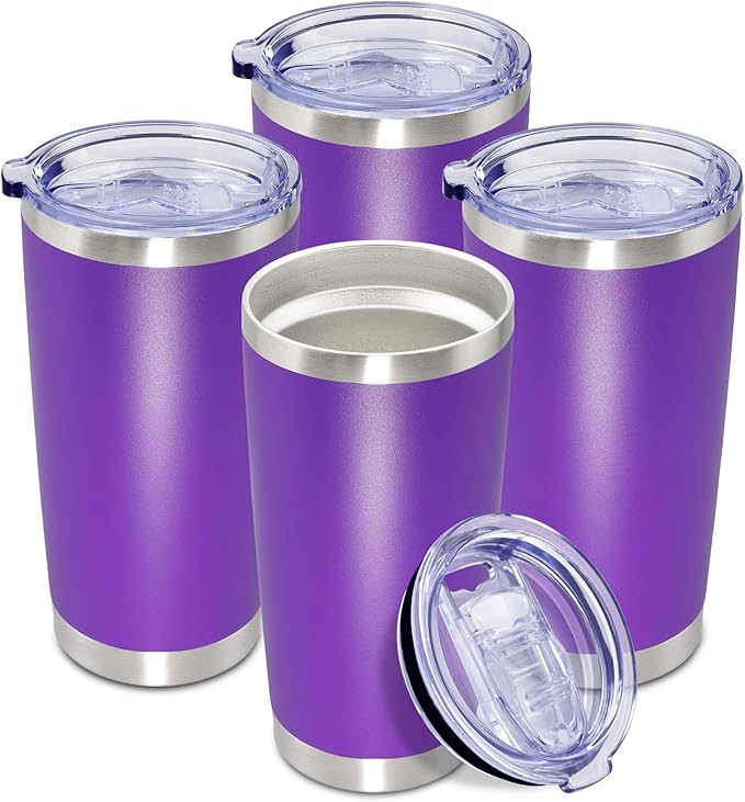 20 oz Tumbler Coffee Travel Tumblers Bulk with Lid Stainless Steel Double Wall Vacuum Insulated Mug Powder Coated Cups fit Car Cupholder for Hot and Cold - Purple, 4Pack