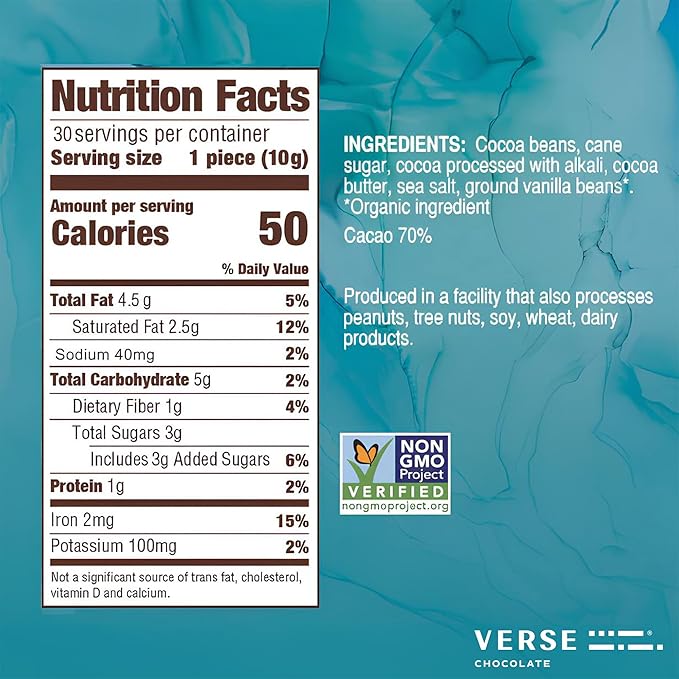 Verse Dark Chocolate Sea Salt Squares - Only 3g Cane Sugar - Creamy 70% Cocoa Dark Chocolate - Individually Wrapped Cacao Bar Squares (30 Count)
