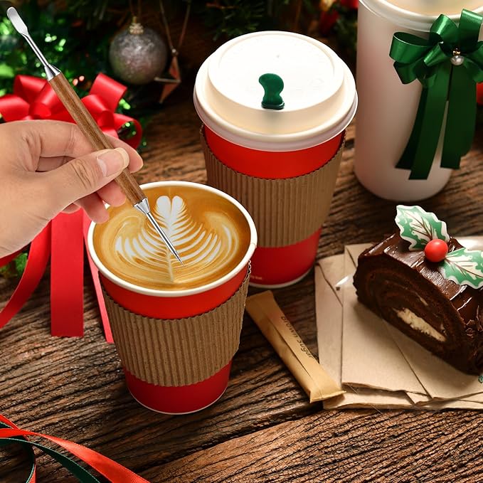 Espresso Coffee Stirrer 6 Needles, Espresso Distribution Tool with Natural Wood Handle and Base, Stainless Steel Latte Art Pen Barista Tools Espresso Accessories Kit for Home Cafe