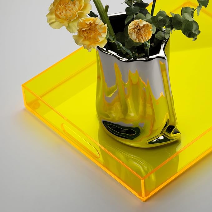 16"x12" Large Acrylic Serving Tray Decorative Ottoman Coffee Table Vanity Tray Tea Fruit Platter Snack Appetizer Dessert Drink with Handles for Bar Kitchen Party, Neon Yellow