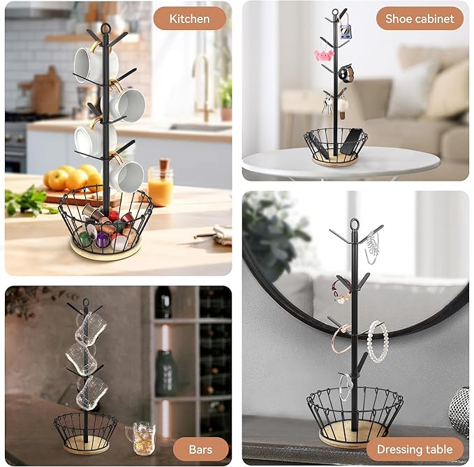 simesove Coffee Cup Holder with Basket, Non-Slip Cup Tree with 8 Hooks for K-Cups and Saucers, Wooden Stand Organizer for Counters, Bars and Kitchen Home Decor (Natural)