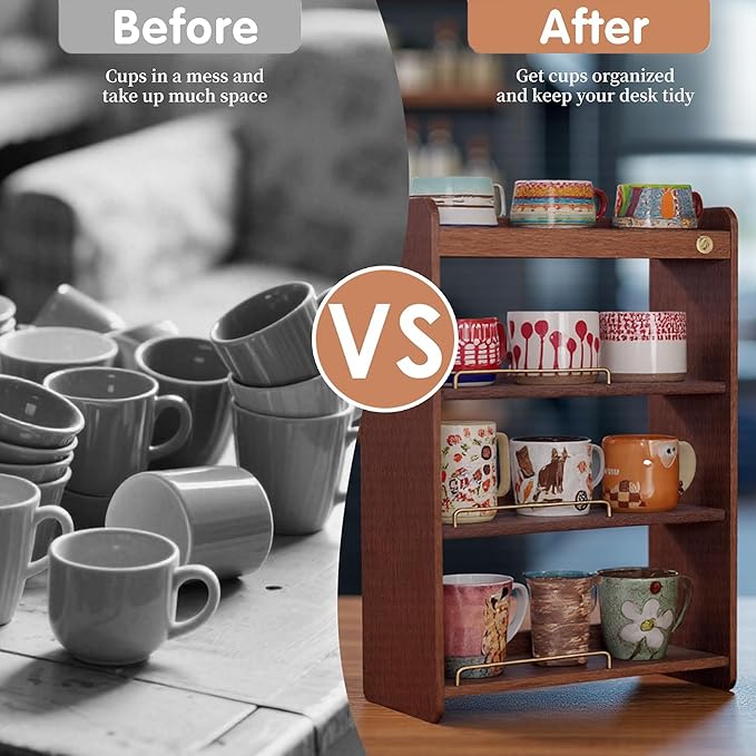 Coffee Mug Holder Wooden Cup Rack Mug Display Shelf Coffee Cup Holder for Countertop 4 Tier Wood Coffee Mugs Holder for Kitchen Coffee Cup Storage