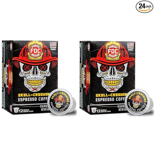 Fire Department Coffee - Gives Back to Firefighters - Skull Crushing Espresso Coffee Pods - Full-Bodied & Bold Espresso K Cups - Roasted in the USA - Veteran Owned - 24 Single Pods