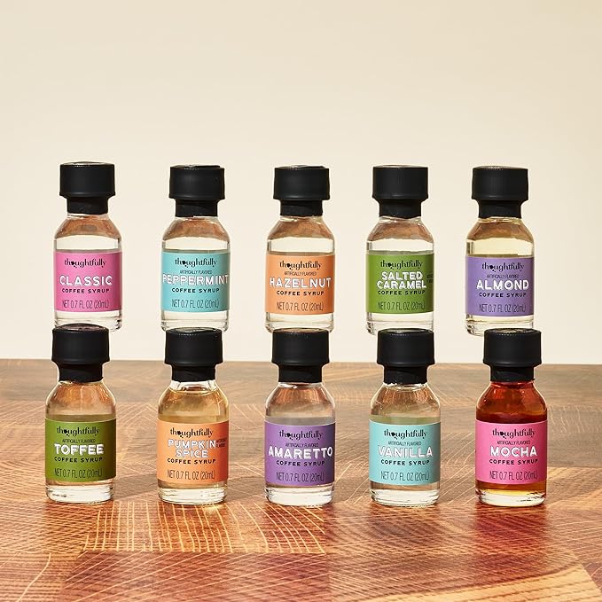 Thoughtfully Gourmet, Coffee Syrup Sampler Gift Set, Syrup Flavors Include Salted Caramel, Vanilla, Mocha, Hazelnut, Pumpkin Spice, & More, Set of 10