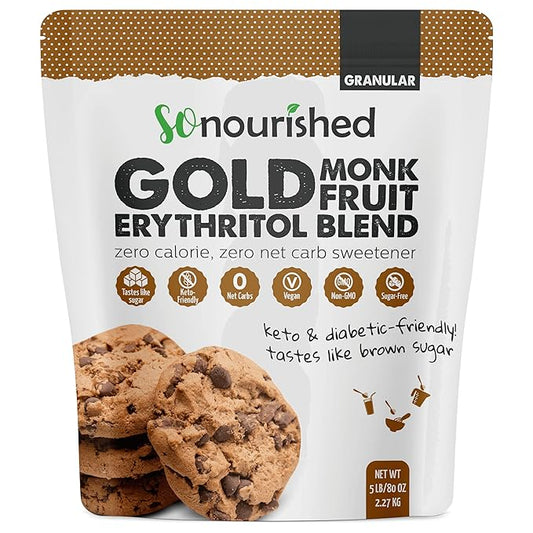 So Nourished GOLD Brown Sugar Alternative Substitute 1:1 Sugar Replacement - Monk Fruit Erythritol Sweetener for Low Carb Dieters and Diabetics - No Calorie Sweetener, Non-GMO (5 Pounds)