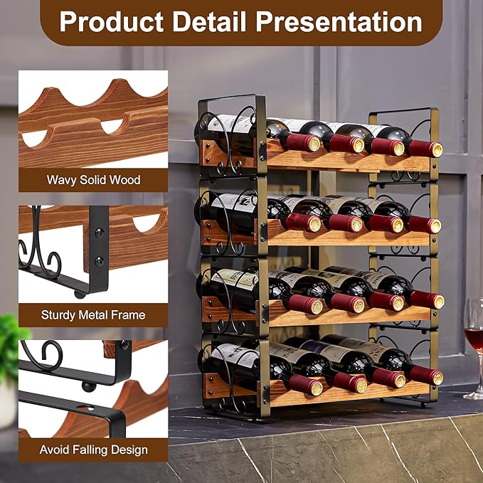 X-cosrack Wine Rack Freestanding Floor with Patent Design, Wooden & Metal Wine Bottle Holder, 4 Tier 16 Bottles Stackable Wine Storage Racks for Kitchen Counter or Bar, Wine Display Shelf