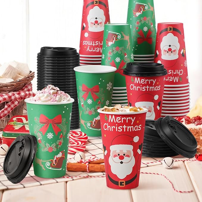 Lamosi Christmas Cups, 100 Pack 16 oz Christmas Disposable Coffee Cups with Lids, To Go Coffee Cups with Lids for Hot/Cold Beverage Drinking Xmas Holiday Party