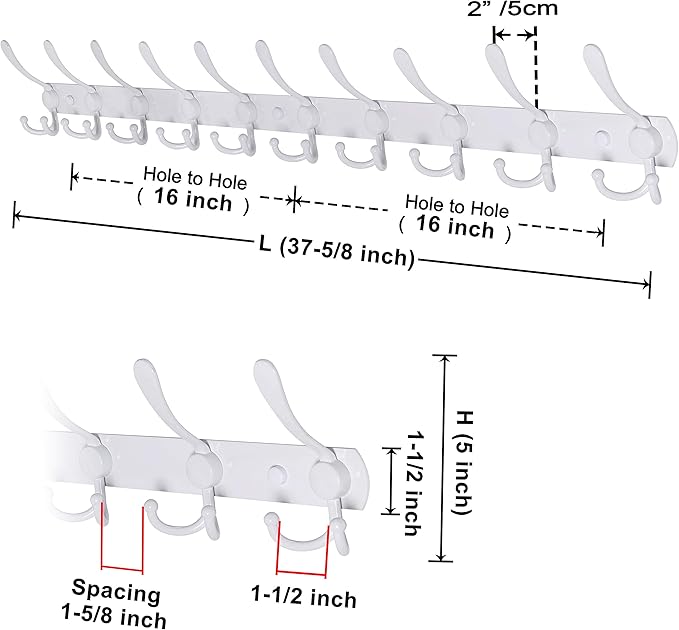 Dseap Coat Rack Wall Mount - 38” Long 10-Tri-Hooks Heavy Duty Coat Hanger Rail Wall Hooks for Hanging Coats Hats Clothing Clothes Purse Mudroom Entryway, White, Pack of 2