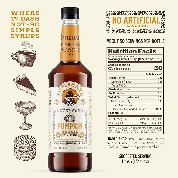 Tippleman's Pumpkin Spice Brûlée Coffee Syrup - Made with Raw Cane Sugar - Perfect for Lattes & Cold Brew, Fits Pump - 750ml