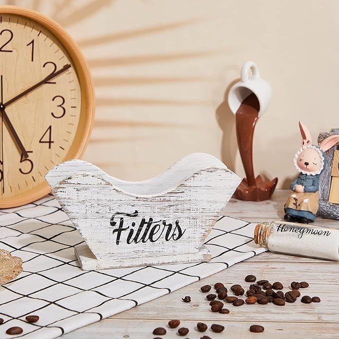 Juexica Farmhouse Cone Coffee Filter Holder Storage number 4 Rustic Wood Holder Organizer Counter Mount for Square Cone Shaped Flat Bottomed Paper(White)