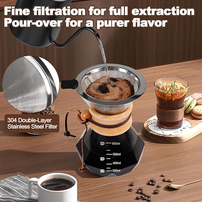 Pour Over Coffee Pot Set 600ml Features 304 Stainless Steel Filter Glass Coffee Pot with High Borosilicate Glass Duckbill Spout Design Solid Wood Handle Pour Over Coffee Drippers Daily Brewing
