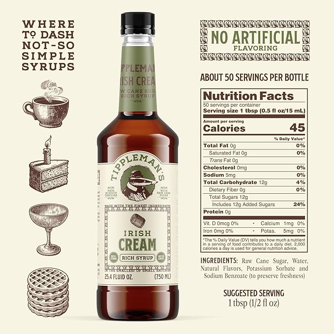 Tippleman's Irish Cream Coffee Syrup - Rich Flavor for Hot or Iced Drinks, Latte, Tea, Espresso, Cappuccino, Cocktails, & Baking - 25.4 Fl Oz