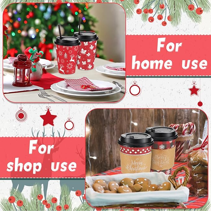 Remerry 100 Sets 400 Pcs 12 oz Christmas Disposable Coffee Cups with Lid, Straws and Sleeves Snowflake Reindeer Snowman Paper Cups Xmas Party Supplies for Hot Drink Cold Beverage(Classic Style)