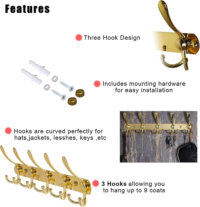 Dseap Coat Rack Wall Mounted - 5 Tri Hooks, Heavy Duty, Stainless Steel, Metal Coat Hook Rail for Coat Hat Towel Purse Robes Mudroom Bathroom Entryway,Gold