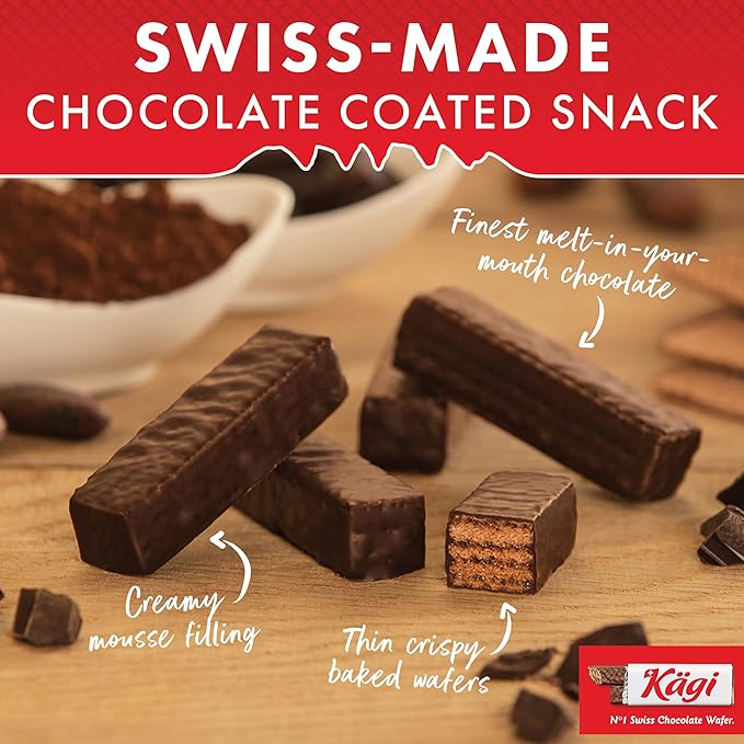 Swiss Dark Chocolate Covered Mini Wafers by Kägi, Crispy Coated Sweet Snacks, Premium Individually Wrapped, 3 Pack, 125g
