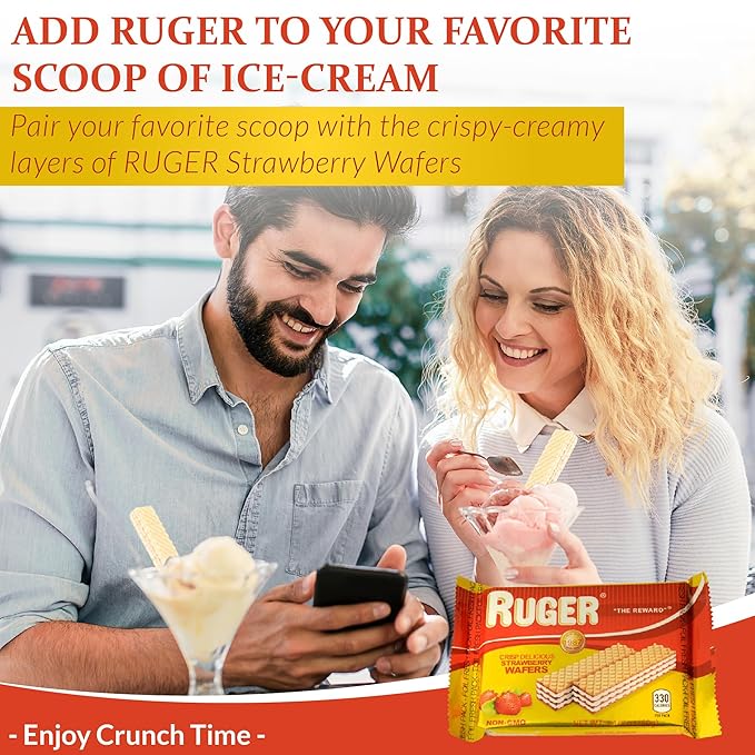 Ruger Wafers Austrian Strawberry Wafers, 2.125 Ounce (Pack of 12) - Delightfully Crisp and Creamy Strawberry Treats with Natural Ingredients and Extended Freshness, Ideal for Snacking, Desserts, and Anytime Enjoyment