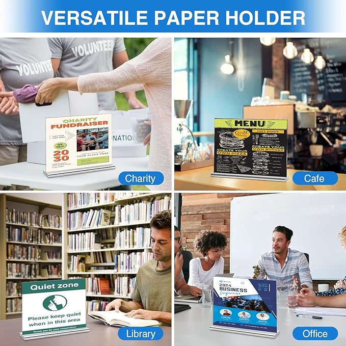 10 Pack Acrylic Sign Holder 11 x 8.5 Horizontal, Double-Sided Stand up Table Top Sign Holders, Clear Acrylic Picture Frame Menu Flyer Paper Holder Display Stand for Office Business Store Wedding Party