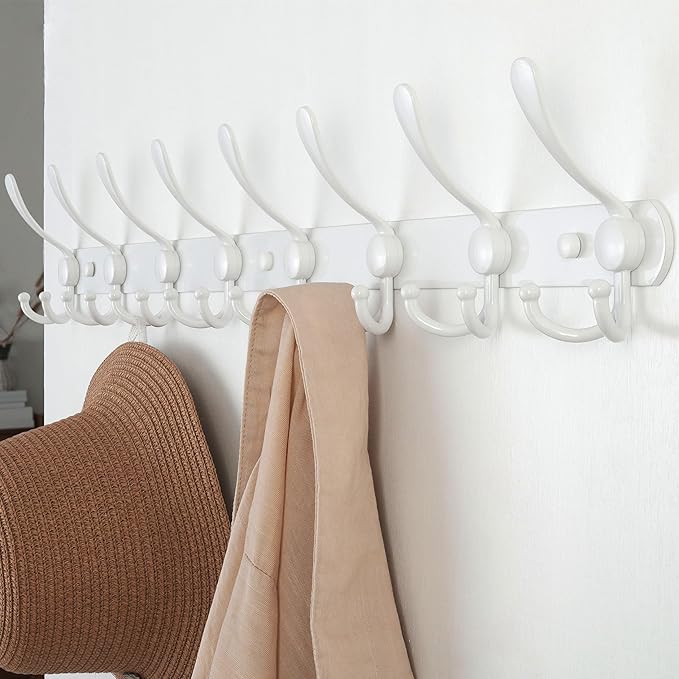 Dseap Coat Rack Wall Mount - 29.5” Long 8-Tri-Hooks Heavy Duty Coat Hanger Rail Wall Hooks for Hanging Coats Hats Clothing Clothes Purse Mudroom Entryway, White, Pack of 2