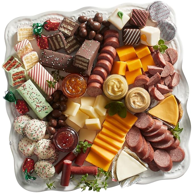 3 Red Gift Boxes - The Swiss Colony 27 Favorites Food Gift Set, Summer Sausage Meats and Cheeses Assorted Chocolates, Candies, Petits Fours, Cheese & Charcuterie Board Gifts Basket, Holiday, Christmas