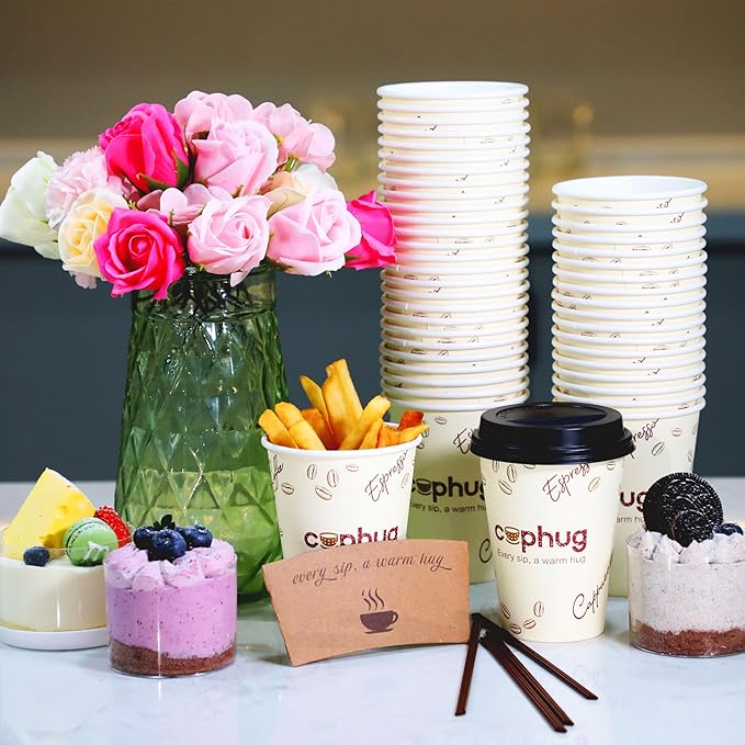 Cuphug 100 Pack 12 oz Coffee Cups with Lids, To Go Paper Cups with Sleeves and Stirring Sticks, Insulated Disposable Coffee Cups for Hot/Cold Drinks