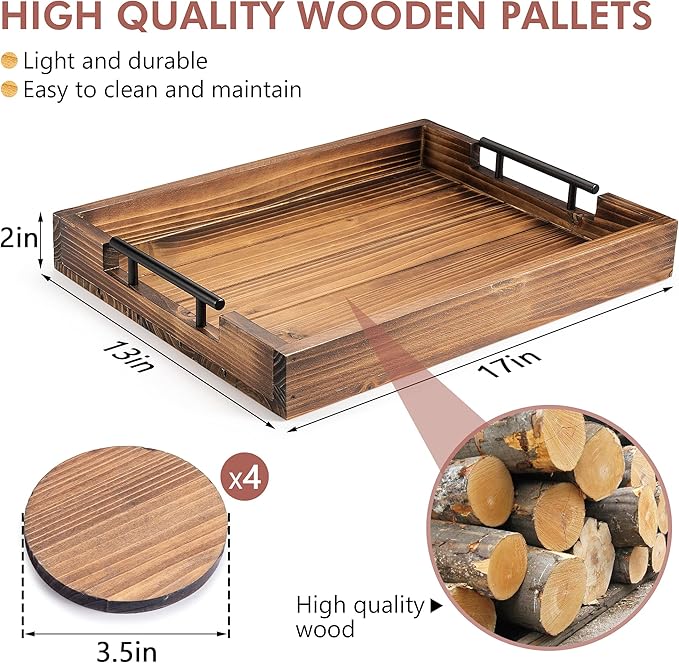 Ottoman Serving Tray | Decorative Coffee Table Tray with Handles – 17x13 Inch Wooden Tray with 4 Coasters for Breakfast, Kitchen & Bar