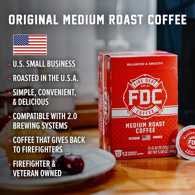 Fire Department Coffee - Gives Back to Firefighters - Original Medium Roast Coffee Pods - Balanced & Smooth - Roasted in the USA - Premium K Cups - Veteran Owned - 24 Single Pods