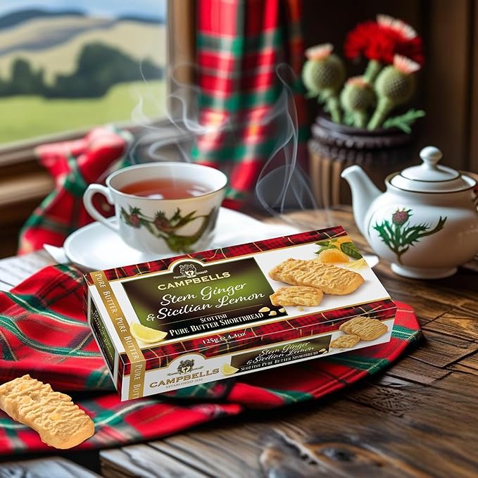 Campbells Shortbread with Stem Ginger & Sicilian Lemon 4.41 Oz (Pack of 3) - Pure Butter Scottish Shortbread Cookies from Scotland, Ginger Lemon Cookies, Gourmet British Tea Biscuits & Gift Box