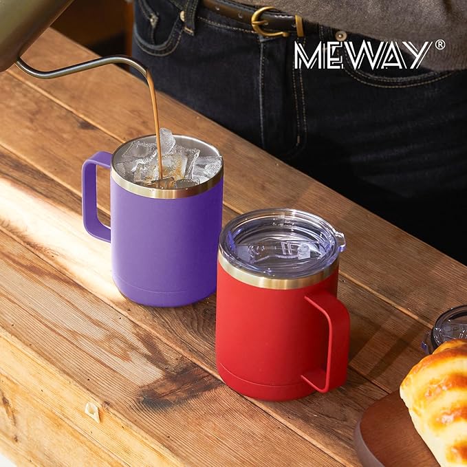 MEWAY 12oz Coffee Mug With Handle 2 Pack Bulk,Stainless Steel Insulated Travel Tumblers With Sliding Lid,Double Wall Vacuum Camping Cup for Hot & Cold Drinks Tea (Purple,Set of 2)