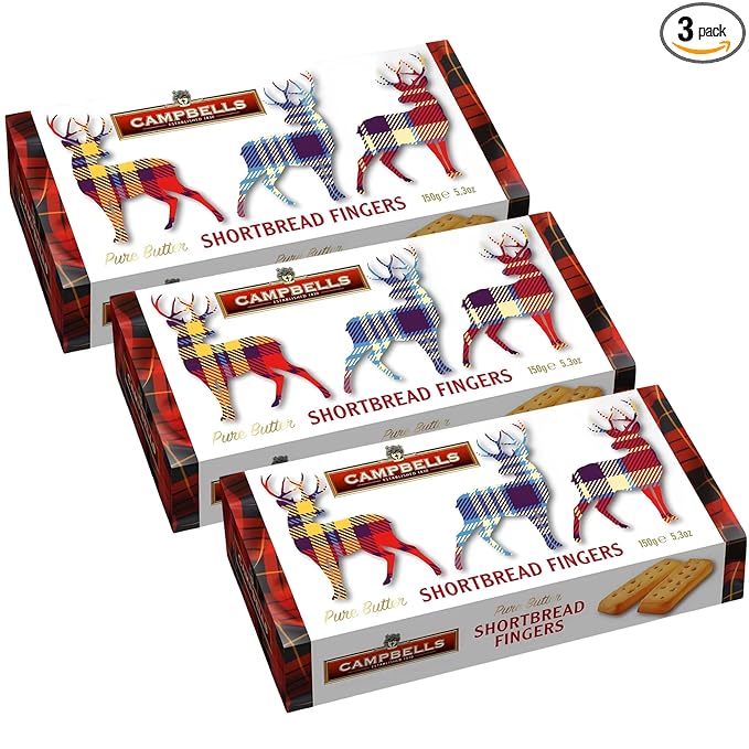 Campbells Shortbread Fingers Tartan Stag Carton 5.3 Oz (Pack of 3) - Pure Butter Scottish Shortbread Cookies from Scotland, British Tea Biscuits & Snacks, All-Butter Fingers, Cookie Gift Box