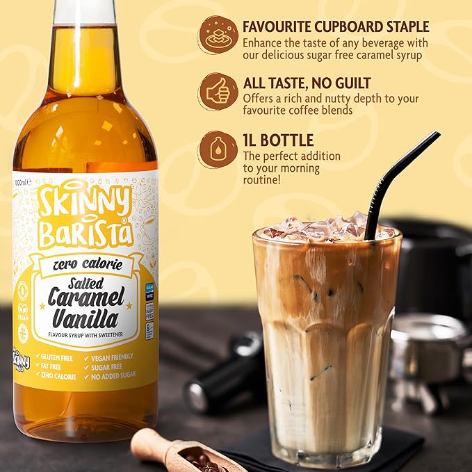 Skinny Food Co Salted Caramel Vanilla Syrup Zero Calorie 35 Fl Oz - Sugar Free Coffee Syrups for Tea, Hot Chocolate, Baking, Protein Drinks - Vegan, Gluten-Free & Fat-Free - Syrups For Coffee Drinks