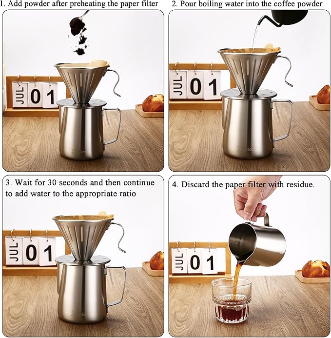 Pour Over Coffee Maker, 304 Stainless Steel wIth 100 pcs Size 02 Cone Paper Filters & 600ml Milk Frothing Pitcher, for Home & Camping