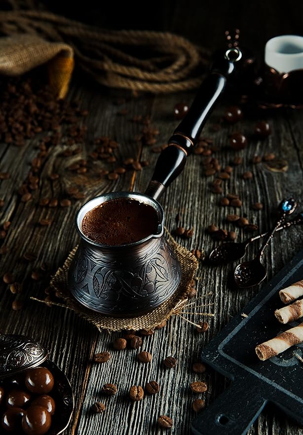 DEMMEX Thickest Copper Turkish Greek Arabic Coffee Pot, Stovetop Coffee Maker, Cezve Ibrik Briki with Wooden Handle & Spoon, Hand Engraved (Antique Copper, 9 Ounces)