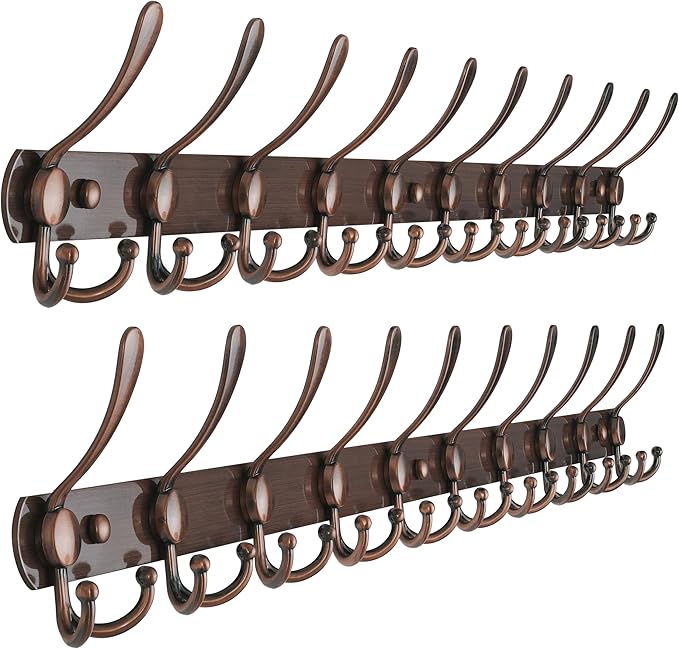 Dseap Coat Rack Wall Mount - 38” Long 10-Tri-Hooks Heavy Duty Coat Hanger Rail Wall Hooks for Hanging Coats Hats Clothing Clothes Purse Mudroom Entryway, Antique Copper, Pack of 2