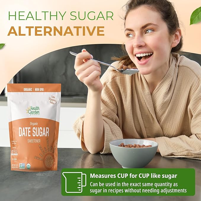 Health Garden Date Sugar (16 OZ), Organic Date Sugar Sweetener, All-Natural Dried Ground Dates, Rich in Vitamins and Minerals, No Gluten, Non-GMO, Low Glycemic Sugar Substitute (1 LB pack of 1)