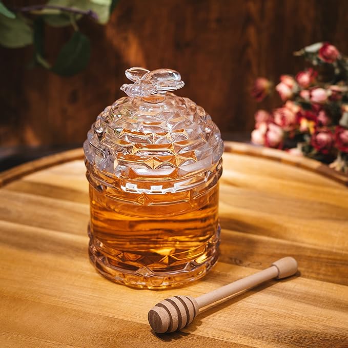 Crystal Bee Honey Dish Jar with Dipper and Lid – Elegant Glass Beehive Honey Pot for Rosh Hashanah, Holidays, Kitchen Table, Jam, Jelly, Syrup, 14oz Honey Server Gift, Gorgeous Bee Decor Gifts
