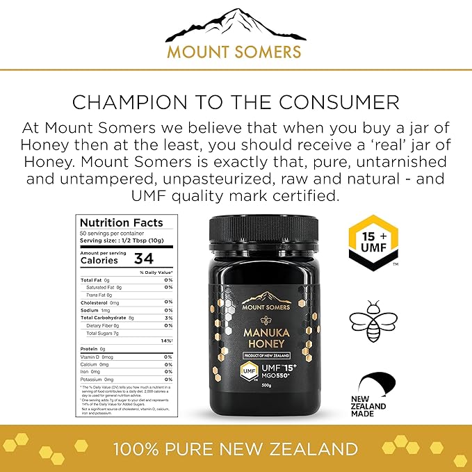Mount Somers Premium Manuka Honey MGO 514+ / UMF 15+ 100% Pure New Zealand Manuka Honey - Genuine Natural Superfood - UMF Certified & Traceable 1.1lb Jar