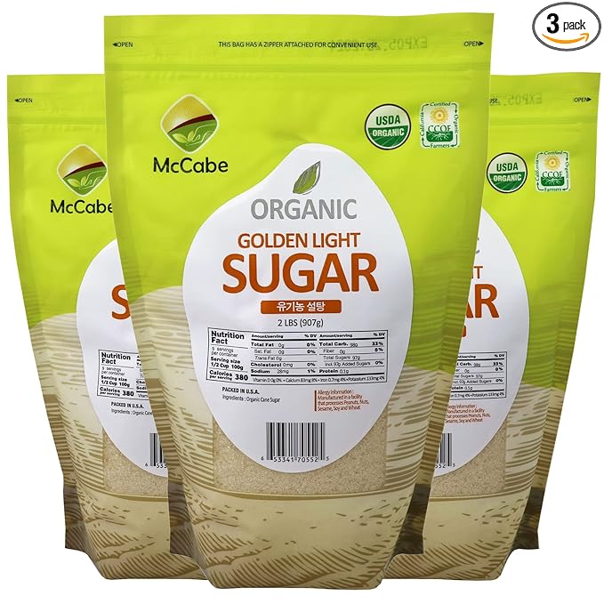 McCabe Organic Golden Light Sugar - Rich with Fiber & Minerals | USDA and CCOF Certified | Packed in USA | 2Lbs (Pack of 3)
