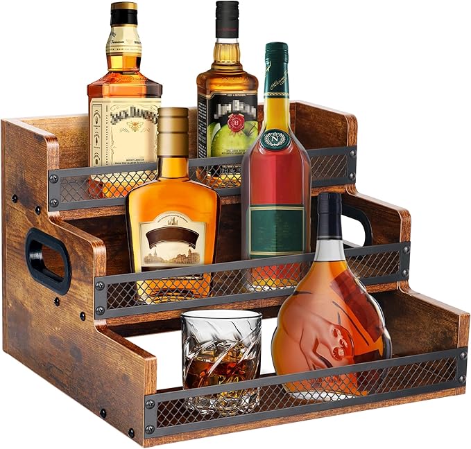 Liquor Bottle Display Shelf, Coffee Syrup Rack Organizer, 3 Step Countertop Liquor Wine Rack, 12 Bottles Coffee Station Organizer with Fences & Handles, Home Retro Bar Shelf Stand for Liquor Whiskey