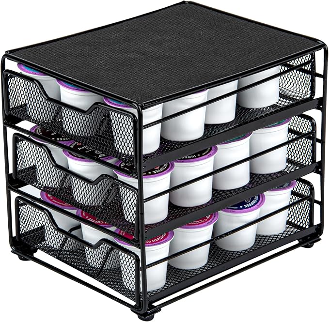 Restaurantware Restpresso 8.5 x 8.5x 7 Inch Multi-Tier Coffee Capsule Drawer 1 Heavy-Duty Pod Drawer - Holds 36 K-Cups Grip Top Iron Espresso Pod Organizer Mesh Tray Pods Not Included