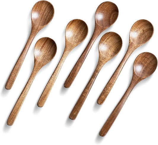 7 PCS Wooden Spoons for Eating, 7 inch Wooden Honey Spoons for Tea, Wood Teaspoons for Stirring Coffee, Acacia Wood Table Spoon for Cooking, Small Serving Spoon for Soup, Desserts & Cereal