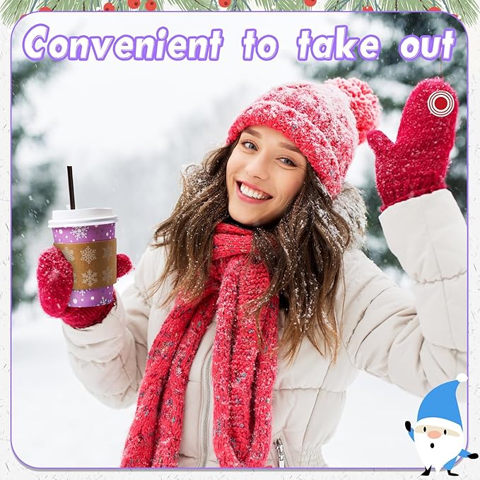 Remerry 100 Sets 400 Pcs 12 oz Christmas Disposable Coffee Cups with Lid, Straws and Sleeves Snowflake Reindeer Snowman Paper Cups Xmas Party Supplies for Hot Drink Cold Beverage (Purple Christmas)