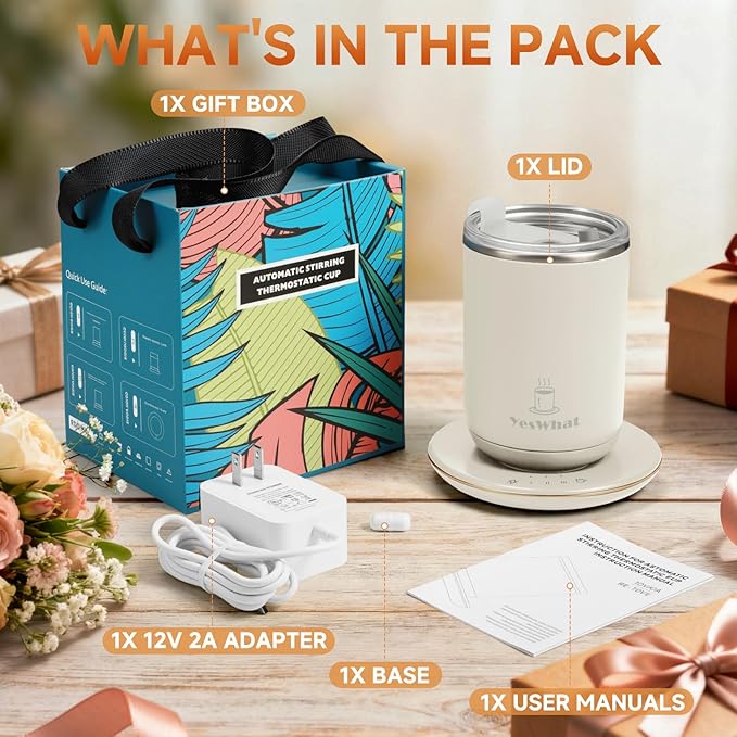 Automatic Self Stirring Coffee Mug with Temperature Control,Type-C Magnetic Mixing Cup,3 Heat Levels,8-Hour Shut-Off,USB Rechargeable Stainless Steel Smart Mug for Tea Milk Protein Shakes White 11oz