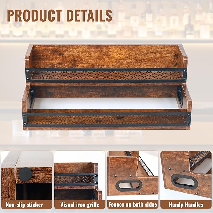 Liquor Bottle Display Shelf, Coffee Syrup Rack Organizer, 2 Step Countertop Liquor Wine Rack, 10 Bottles Coffee Station Organizer with Fences & Handles, Home Retro Bar Shelf Stand for Liquor Whiskey
