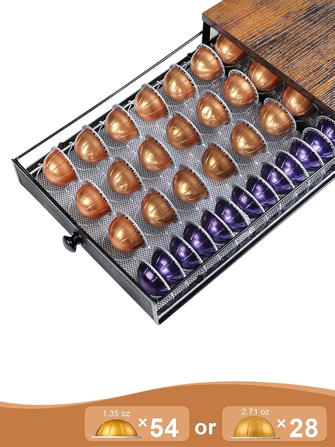 Coffee Pod Holder Drawer Organizer Vertuo Capsules Storage Organizer with Sliding Drawer Compatible For Nespresso Vertuo Pods, Holds up to 54 Small or 28 Big Vertuo Pods Rustic Brown