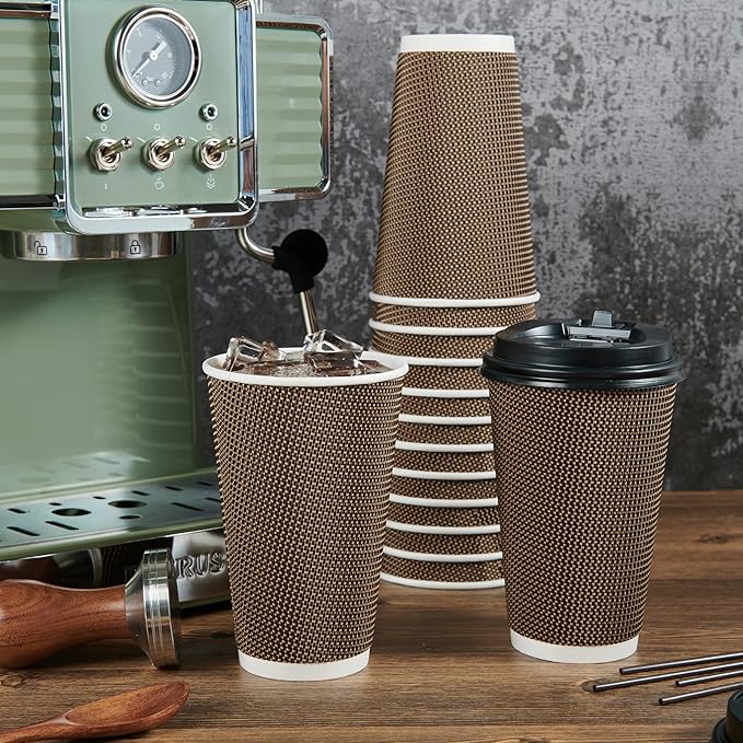 LITOPAK 80 Pack 16 oz Paper Coffee Cups, Insulated Ripple Wall Paper Cups with Lid and Straws, Three Layer Insulated Hot Beverage Cups for Hot Drinks, Coffee Cups for Parties, Picnic, and Travel