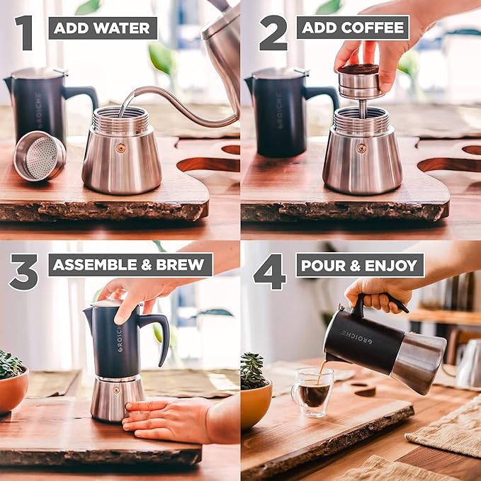 GROSCHE Milano Steel | 6 Espresso Cup | Stovetop Espresso Maker: Stainless Steel Moka Pot for Greca, Induction, Electric & Gas Stoves | Dishwasher Safe Stovetop Espresso Maker Moka Pot